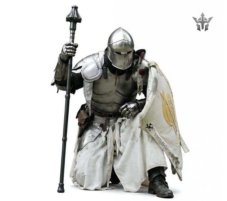 May include: A kneeling knight in full plate armor, holding a black staff and a shield. The shield features a gold emblem on a white background. The knight is wearing a silver helmet and black boots. The armor appears to be made of metal.