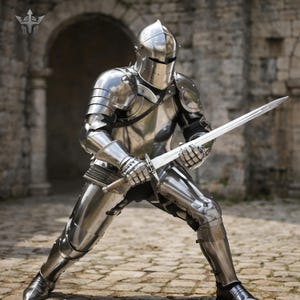 May include: A full suit of polished silver-colored steel plate armor featuring a closed helmet with a horizontal visor slit, articulated shoulder, arm, and leg pieces, and metal gauntlets holding a long, double-edged steel sword with a hilt.