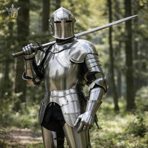 May include: A full suit of polished silver-colored steel plate armor featuring a closed helmet with a horizontal visor slit, articulated gauntlets, and a breastplate. A long, straight steel sword rests across the shoulders of the armor.