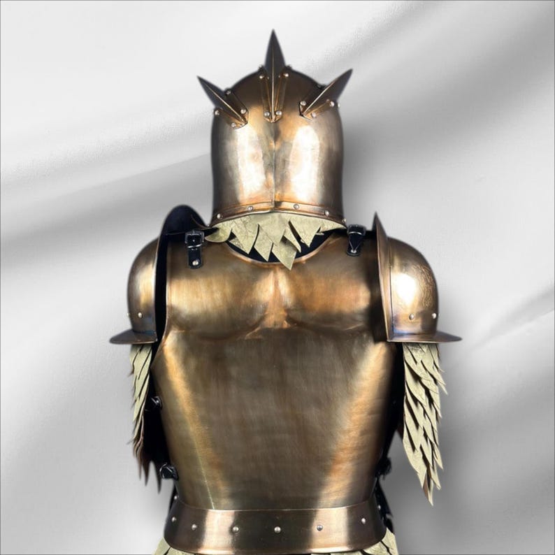 Op de afbeelding: Een bronskleurig harnas, van achteren bekeken, met een helm met drie opvallende punten. Het harnas omvat schouderbeschermers en decoratieve elementen die op veren lijken. Het algehele ontwerp suggereert een middeleeuws of fantasiethema.