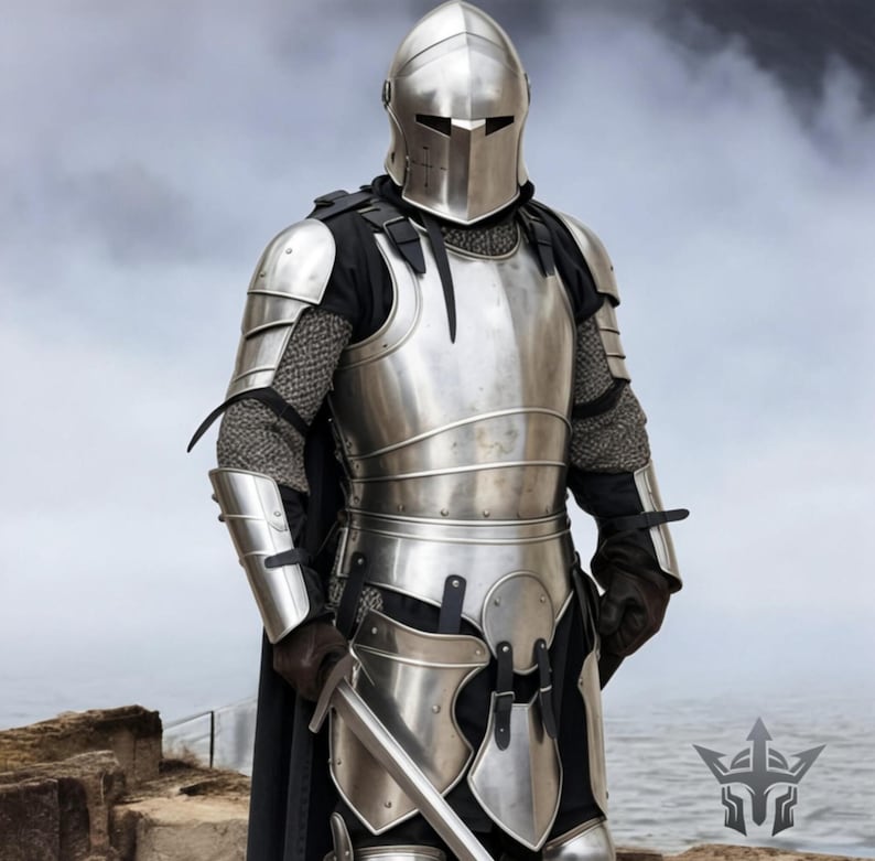 Mittelalterlicher Barbuta-Helm mit 18 Gauge Stahl-Ritterpanzerung, tragbare Ganzkörper-Plattenrüstung Bild 1