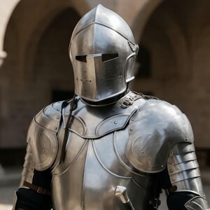 May include: A polished silver metal suit of armor featuring a full-coverage helmet with a horizontal visor slit and cross-shaped ventilation holes, a breastplate, and articulated shoulder and arm plating secured with brown leather straps.