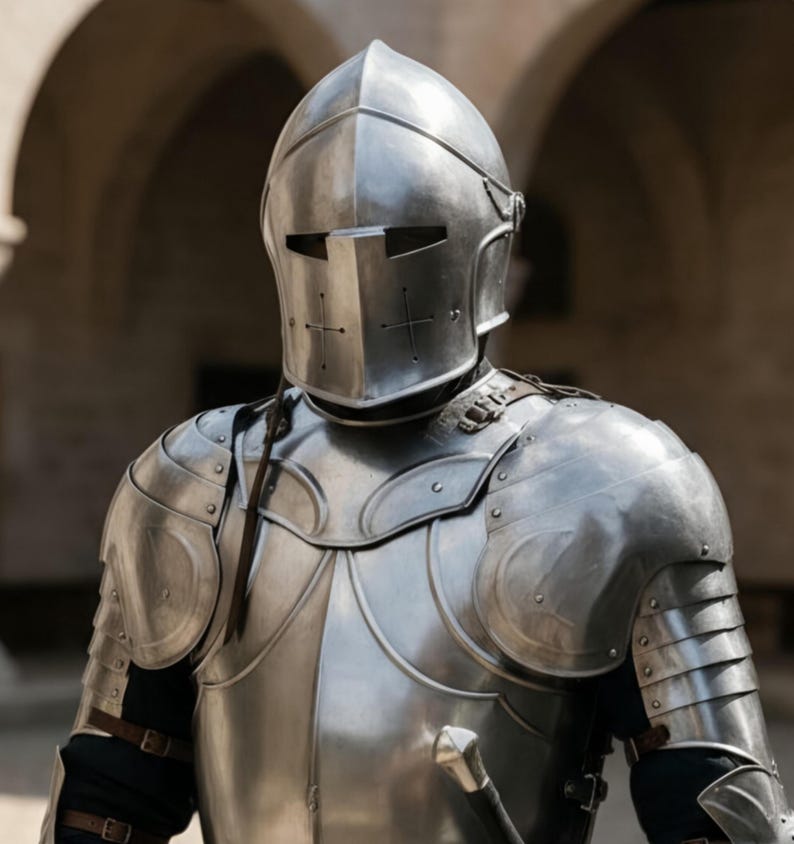 May include: A polished silver metal suit of armor featuring a full-coverage helmet with a horizontal visor slit and cross-shaped ventilation holes, a breastplate, and articulated shoulder and arm plating secured with brown leather straps.