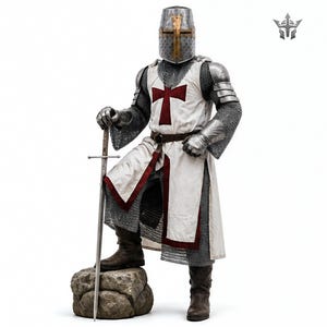 May include: A full suit of medieval armor, including a helmet, chainmail, and white tunic with a red cross. The knight is holding a sword and standing on a stone. The armor is silver and the boots are brown.
