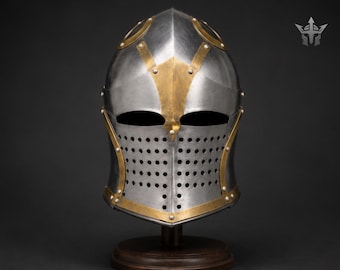 Handmade Medieval Great Helm Helmet | Steel Knight Helmet With Brass Trim | Crusader Armor Helmet | LARP Cosplay Helmet