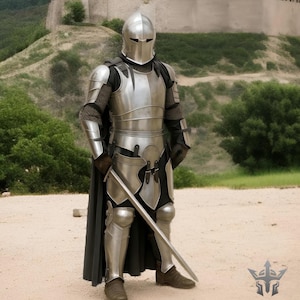 K&ouml;nnte beinhalten: Eine vollst&auml;ndige mittelalterliche R&uuml;stung in Silber, einschlie&szlig;lich Helm, Brustpanzer und Beinschutz. Der Ritter h&auml;lt ein langes Schwert. Die R&uuml;stung wird &uuml;ber einem schwarzen Umhang und Kettenhemd getragen. Der Hintergrund zeigt eine Burg und Gr&uuml;n.