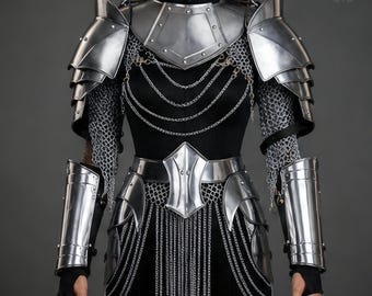 Female Knight Armor Set, Medieval Steel Armor, Pauldrons with Gorget, Arm Guards, Leg Greaves, Chainmail Top Skirt