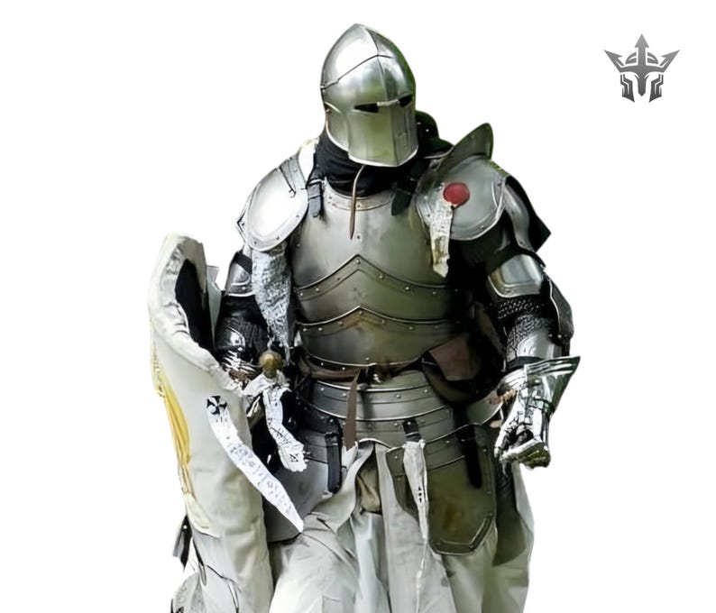 May include: A full suit of polished steel armor, including a helmet, chest plate, and shoulder guards. The armor is worn over a white tunic and includes a shield with a cross design. A medieval knight's attire.