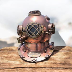 Marine Diver Helmet | Deep Sea Commando Diving Helmet Replica | Nautical Scuba Decor with Wood Base | Maritime Gift Item