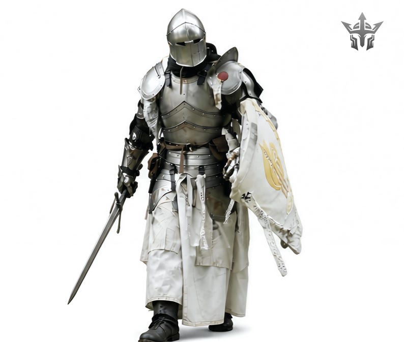 May include: A full suit of medieval armor, including a helmet, breastplate, and leg guards. The armor is silver-colored with intricate detailing. The knight is holding a long sword and a shield with a gold emblem. The knight is wearing white robes and black boots.