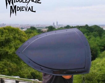 Medieval Black Heater Shield | Handmade Steel Battle Shield | LARP Reenactment Armor | Functional Knight Shield | Cosplay Prop