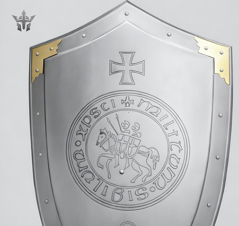 May include: A silver-colored shield with a cross emblem and gold corner accents. The shield features a circular emblem with a knight on horseback and the inscription "SIGILLVM MILITVM XPISTI". Rivets secure the shield's edges.