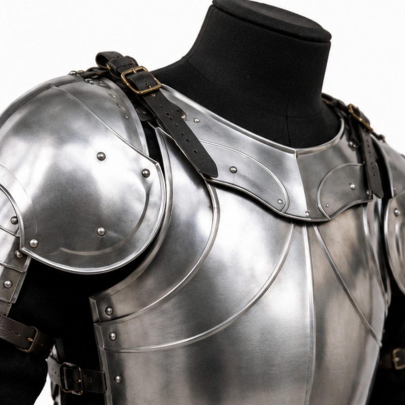 May include: A polished steel breastplate and pauldrons set featuring curved metal plates, rounded shoulder guards, and multiple silver-toned rivets. The armor is secured with black leather straps and brass-colored metal buckles over a black base.