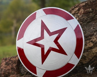 Red White Star Shield Replica, Round Metal Cosplay Shield, Medieval Warrior Shield, LARP Armor Prop, Fantasy Shield, Wall Decor
