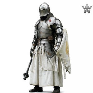 May include: A full suit of medieval armor, including a helmet, chest plate, and leg protection. The silver-colored armor is worn over a white tunic. The knight is holding a mace and a shield with a gold emblem. The background is white.