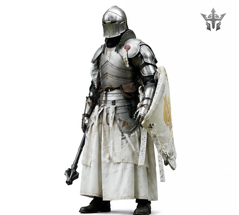 May include: A full suit of medieval armor, including a helmet, chest plate, and leg protection. The silver-colored armor is worn over a white tunic. The knight is holding a mace and a shield with a gold emblem. The background is white.