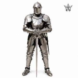 May include: A full suit of polished steel plate armor featuring a closed helmet with a visor, articulated shoulder, arm, and leg pieces, and a breastplate. The armor stands upright, holding a long, double-edged steel sword with both hands.