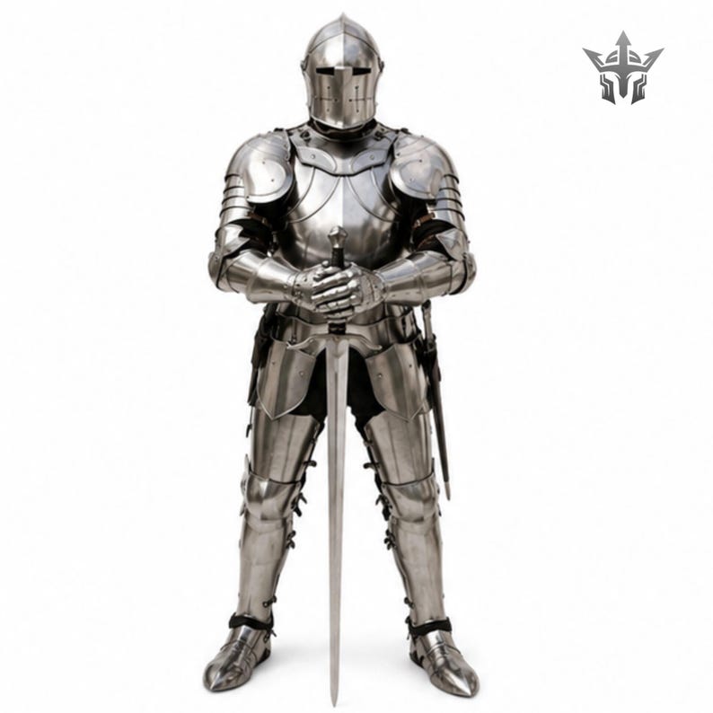 May include: A full suit of polished steel plate armor featuring a closed helmet with a visor, articulated shoulder, arm, and leg pieces, and a breastplate. The armor stands upright, holding a long, double-edged steel sword with both hands.