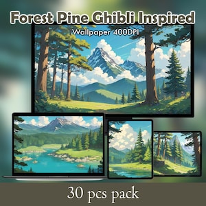 Papel de parede de floresta inspirado no Ghibli: fundos de paisagens de pinheiros (download digital de 30 JPG)