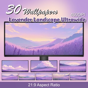 Pode incluir: 30 Papéis de Parede Ultrawide Paisagem de Lavanda, 400 DPI, proporção 21:9. Uma ilustração digital de um campo de lavanda roxo com colinas onduladas e um céu de pôr do sol.