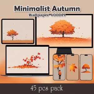May include: A set of 45 minimalist autumn-themed phone and desktop wallpapers featuring orange and red trees with falling leaves. The text "Minimalist Autumn Wallpaper 400DPI! 45 pcs pack" is displayed at the bottom of the image.