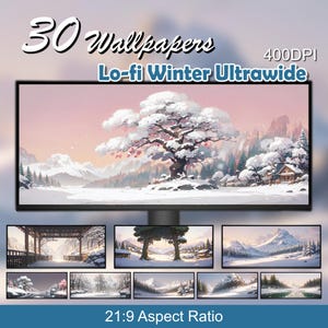 Ultrabreite Cozy Lofi Winter Wallpaper Schneelandschaft ästhetische Breitbild-Desktop-Hintergrund Anime Wallpaper Hintergrund