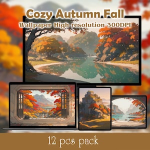 May include: A digital download of 12 autumn-themed desktop wallpapers featuring a cozy forest scene with a river, trees with red and orange leaves, and a stone castle. The text "Cozy Autumn Fall Wallpaper High resolution 300DPI" is at the top of the image.