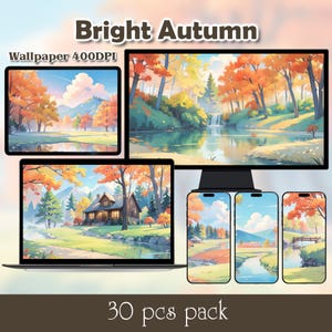 Può includere: Un pacchetto di arte digitale con scene di paesaggi autunnali visualizzate su vari dispositivi. L'immagine include un monitor del computer, un laptop, un tablet e smartphone, tutti che mostrano vivaci colori autunnali. Il testo recita "Bright Autumn", "Wallpaper 400DPI" e "30 pcs pack".