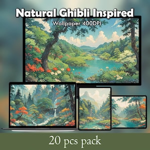 Pode incluir: Um pacote de download digital de 20 papéis de parede inspirados na natureza com uma estética Ghibli. As imagens retratam florestas verdejantes exuberantes, cachoeiras e rios, com uma paleta de cores suave e de sonho.