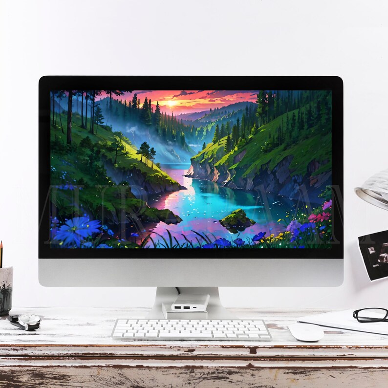 Purple Sunset in the Forest Flower Cloud Scenery Leafs Landscape