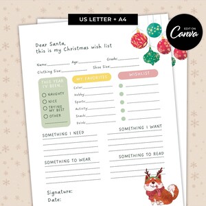 Plantilla de carta a Papá Noel para la lista de deseos de Navidad: plantillas de Canva fáciles de editar: carta para Papá Noel con lista de regalos de Navidad para niños, imprimible - MD0057
