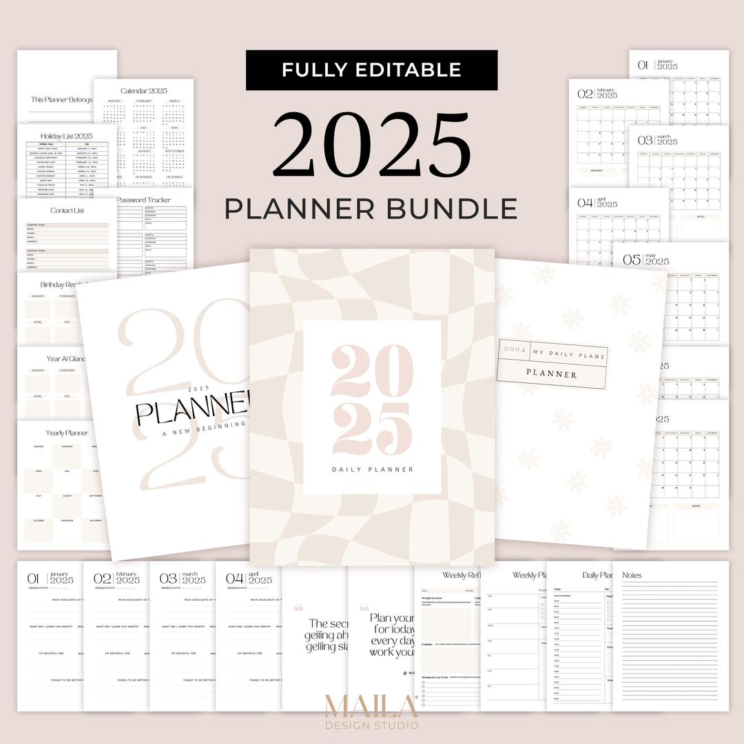 2025 Planner Template in Beige With Extra Covers - Easy to Edit Canva