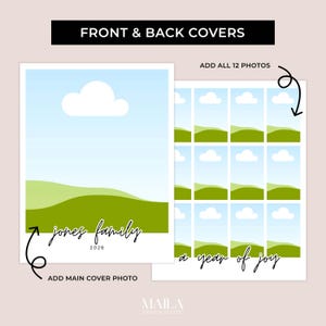 May include: A layout for a photo album with a blue sky and green landscape design. The front cover reads "jones family 2026" and the back cover says "a year of joy". Includes space for 12 photos. The text "FRONT & BACK COVERS" is at the top.