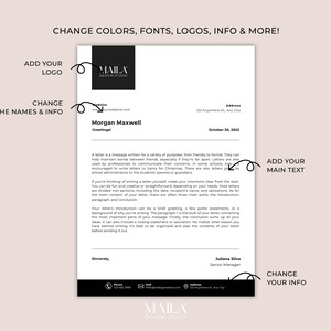 Puede incluir: Plantilla imprimible en blanco y negro para una carta formal. La plantilla incluye un logotipo, una direcci&oacute;n, una fecha, un saludo y un cierre. El texto "CHANGE COLORS, FONTS, LOGOS, INFO & MORE!" est&aacute; en la parte superior de la p&aacute;gina. El texto "ADD YOUR LOGO" est&aacute; junto a un c&iacute;rculo alrededor del logotipo. El texto "CHANGE THE NAMES & INFO" est&aacute; junto a un c&iacute;rculo alrededor del nombre y el saludo. El texto "ADD YOUR MAIN TEXT" est&aacute; junto a un c&iacute;rculo alrededor del cuerpo de la carta. El texto "CHANGE YOUR INFO" est&aacute; junto a un c&iacute;rculo alrededor del cierre y la firma.