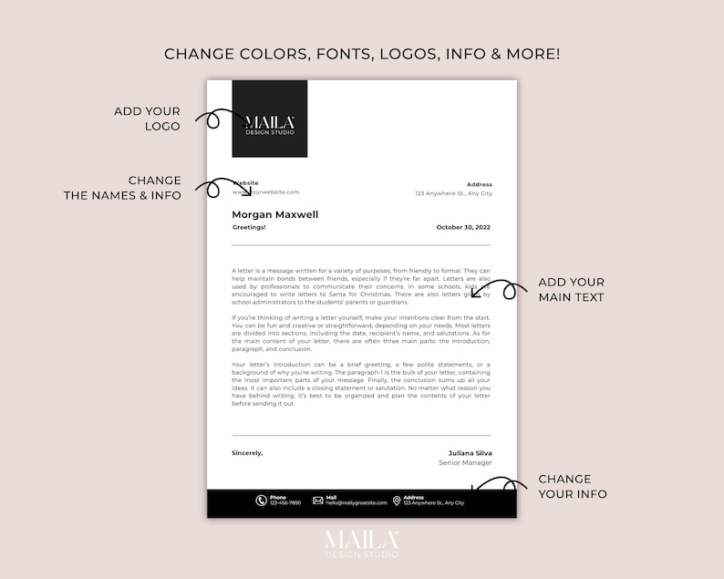 Puede incluir: Plantilla imprimible en blanco y negro para una carta formal. La plantilla incluye un logotipo, una direcci&oacute;n, una fecha, un saludo y un cierre. El texto "CHANGE COLORS, FONTS, LOGOS, INFO & MORE!" est&aacute; en la parte superior de la p&aacute;gina. El texto "ADD YOUR LOGO" est&aacute; junto a un c&iacute;rculo alrededor del logotipo. El texto "CHANGE THE NAMES & INFO" est&aacute; junto a un c&iacute;rculo alrededor del nombre y el saludo. El texto "ADD YOUR MAIN TEXT" est&aacute; junto a un c&iacute;rculo alrededor del cuerpo de la carta. El texto "CHANGE YOUR INFO" est&aacute; junto a un c&iacute;rculo alrededor del cierre y la firma.
