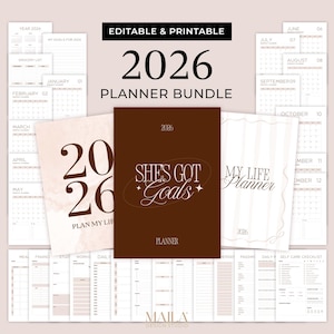 Peut inclure: Un ensemble de planificateurs et de calendriers imprimables pour 2026. Le lot comprend un planificateur marron avec le texte "She's Got Goals" et un planificateur clair avec "My Life Planner". Des calendriers et des pages de planification supplémentaires sont également inclus.