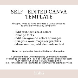 May include: A cream-colored digital template with the text "SELF - EDITED CANVA TEMPLATE." The template details how to edit text, change fonts, and modify colors and images. It also includes a note about template size and contact information.