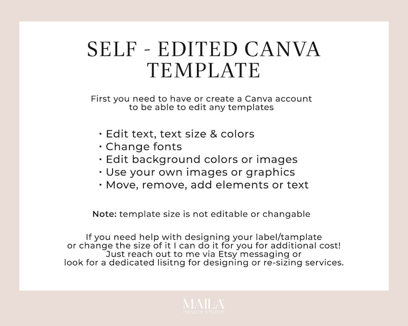 May include: A cream-colored digital template with the text "SELF - EDITED CANVA TEMPLATE." The template details how to edit text, change fonts, and modify colors and images. It also includes a note about template size and contact information.