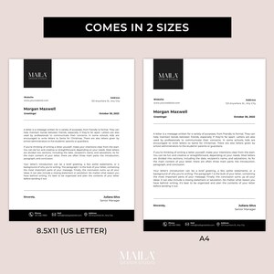 Puede incluir: Dos plantillas de membrete en blanco y negro, una en tama&ntilde;o 8,5x11 pulgadas y la otra en tama&ntilde;o A4. Las plantillas presentan el texto "MAILA DESIGN STUDIO" y el texto "COMES IN 2 SIZES".