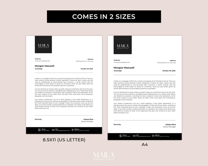 Puede incluir: Dos plantillas de membrete en blanco y negro, una en tama&ntilde;o 8,5x11 pulgadas y la otra en tama&ntilde;o A4. Las plantillas presentan el texto "MAILA DESIGN STUDIO" y el texto "COMES IN 2 SIZES".