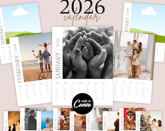 2026 Calendar Template with Photos, Easy To Edit Canva Templates, Personalizable Custom DIY Make Your Family Photo Calendar Christmas Gift