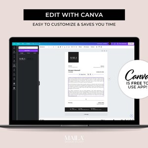 Puede incluir: Una pantalla de computadora port&aacute;til que muestra una plantilla de dise&ntilde;o de Canva para un curr&iacute;culum. La plantilla es blanca con texto negro y un encabezado negro con el texto "MARLA" en blanco. El texto "EDIT WITH CANVA" se muestra en texto negro sobre un fondo blanco en la parte superior de la pantalla. El texto "EASY TO CUSTOMIZE & SAVES YOU TIME" se muestra en texto negro sobre un fondo blanco debajo del texto "EDIT WITH CANVA". Un c&iacute;rculo blanco con texto negro que dice "Canva IS FREE TO USE APP!" se muestra en la esquina superior derecha de la pantalla.