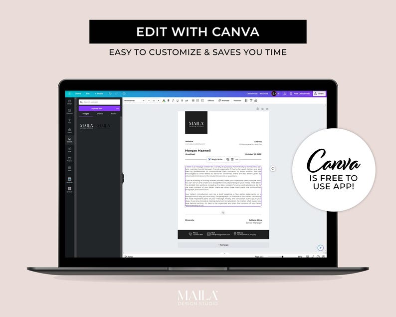 Puede incluir: Una pantalla de computadora port&aacute;til que muestra una plantilla de dise&ntilde;o de Canva para un curr&iacute;culum. La plantilla es blanca con texto negro y un encabezado negro con el texto "MARLA" en blanco. El texto "EDIT WITH CANVA" se muestra en texto negro sobre un fondo blanco en la parte superior de la pantalla. El texto "EASY TO CUSTOMIZE & SAVES YOU TIME" se muestra en texto negro sobre un fondo blanco debajo del texto "EDIT WITH CANVA". Un c&iacute;rculo blanco con texto negro que dice "Canva IS FREE TO USE APP!" se muestra en la esquina superior derecha de la pantalla.