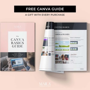 Pode incluir: Um guia rosa e branco intitulado "The Canva Basics Guide" com o texto "Everything you need to know to get started with Canva". O guia est&aacute; aberto em uma p&aacute;gina intitulada "Editing Basics: Grids & Frames" com imagens e texto.