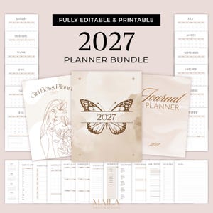 May include: A 2027 planner bundle with a butterfly design and the text "2027 Planner Bundle". The bundle includes a "Girl Boss Planner" and a "Journal Planner", plus calendar pages and planning templates. The design is in neutral tones, suitable for printing.