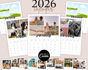 2026 Calendar Template with Photos, Easy To Edit Canva Templates, Personalizable Custom DIY Make Your Family Photo Calendar Christmas Gift