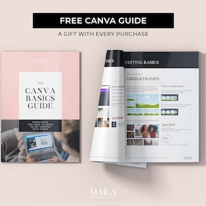 May include: A guide titled "The Canva Basics Guide" with a pink and white cover, and the text "Everything you need to know to get started with Canva." The guide is open to show editing basics.
