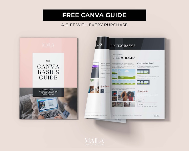 May include: A guide titled "The Canva Basics Guide" with a pink and white cover, and the text "Everything you need to know to get started with Canva." The guide is open to show editing basics.