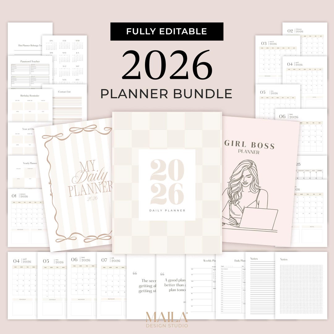 2026 Planner Template in Beige With Extra Covers, Editable Canva ...