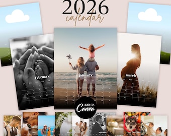 2026 Calendar Template with Photos, Easy To Edit Canva Templates, Personalizable Custom DIY Make Your Family Photo Calendar Christmas Gift